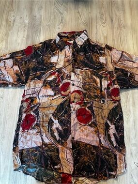 Vintage Goouch Men's Short-Sleeve Button-Up Shirt Red and Brown Abstract Print
